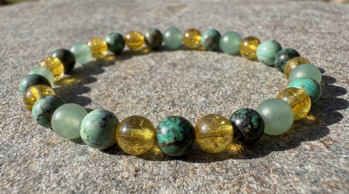 Gros plan sur les perles de citrine, d'aventurine verte et de turquoise africaine