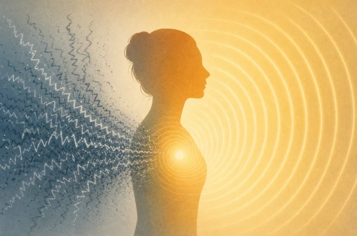 Silhouette d'une femme passant d'ondes brouillées à des ondes dorées et harmonieuses