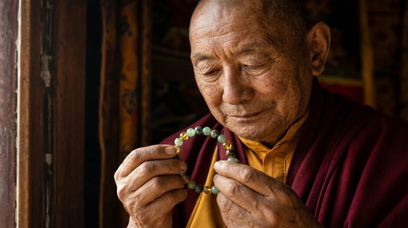 Un vieux moine tibétain contemple un bracelet aux trois pierres
